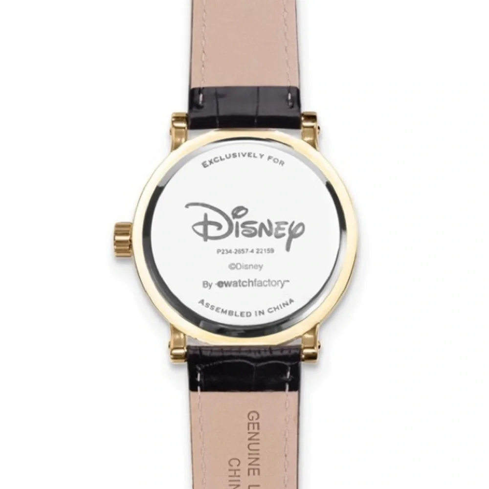 Disney Adult Mickey Mouse Gold-tone with Moving Hands Black Leather Band Watch